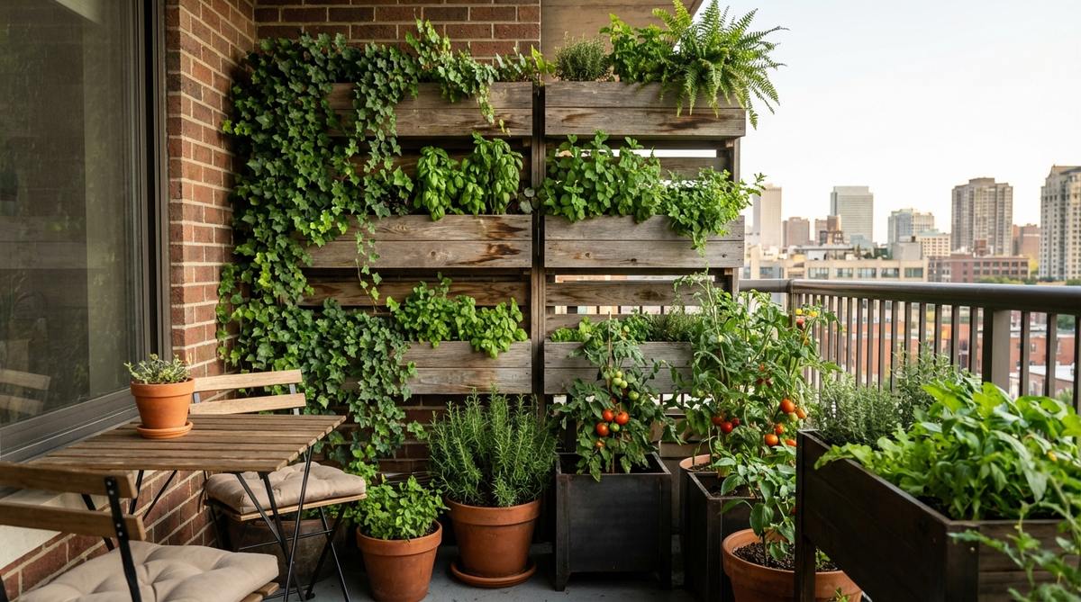 An illustration of an urban balcony garden combining vertical wall planters with traditional floor containers, showcasing a multi-dimensional layout with herbs, trailing plants, vegetables, and shrubs to maximize plant density and visual balance.