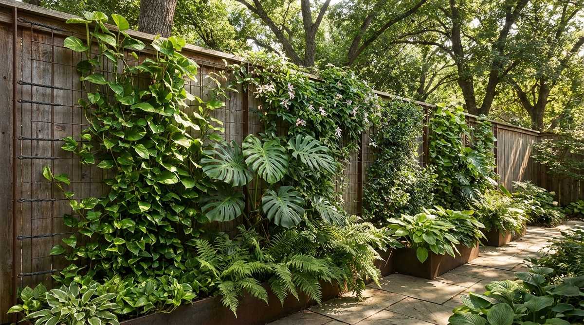 An image showing climbing plants such as pothos, monstera, and passion vine integrated into vertical structures like walls or fences in a tropical garden. The plants create a living wall that connects ground-level plantings to the overhead canopy, with mesh or cable systems visible for vine support, filling vertical gaps efficiently without using additional floor space.