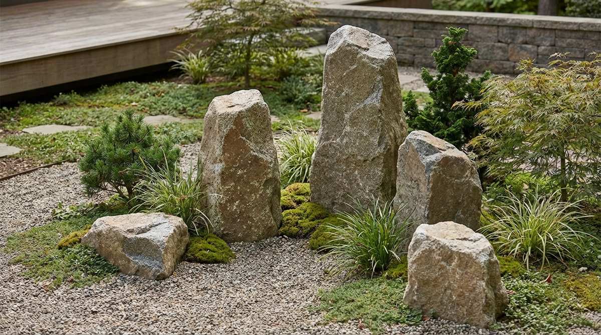 A naturalistic grouping of 5-7 upright boulders in varying heights from 18 inches to 5 feet, arranged irregularly to suggest a stone forest or bamboo grove, creating rhythm and complex spatial relationships in a Zen garden.