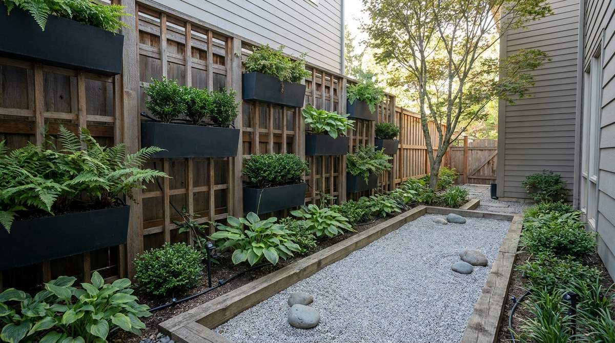 A modern Japanese vertical wall garden featuring modular planters with ferns and evergreens above a traditional raked gravel base, ideal for narrow spaces with drip irrigation for sustainable maintenance.