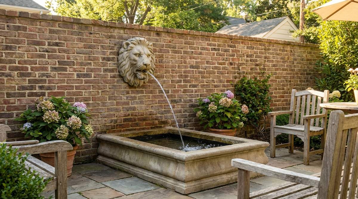 A decorative wall-mounted spout fountain installed on a courtyard or patio wall in a small garden backyard. The spout directs water into a catch basin below, creating a functional sculpture that saves ground space. The design features a traditional or modern decorative spout, such as a lion head or geometric shape, with proper backing and plumbing integrated during wall construction.