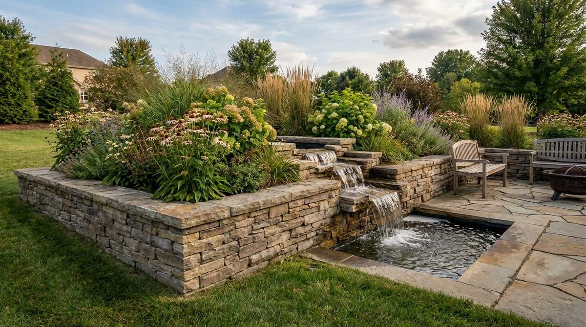 A raised stone garden bed integrated with a water feature, such as a fountain or pool, showcasing the structural support and aesthetic harmony between hardscape and water elements. The stone walls provide decorative facing for waterproof membranes, with moving water adding sound and visual animation to the garden setting.