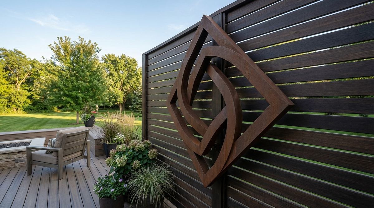 A metal sculpture mounted on a privacy screen next to an outdoor deck, demonstrating weather-resistant artwork installation for vertical surfaces in outdoor decor.