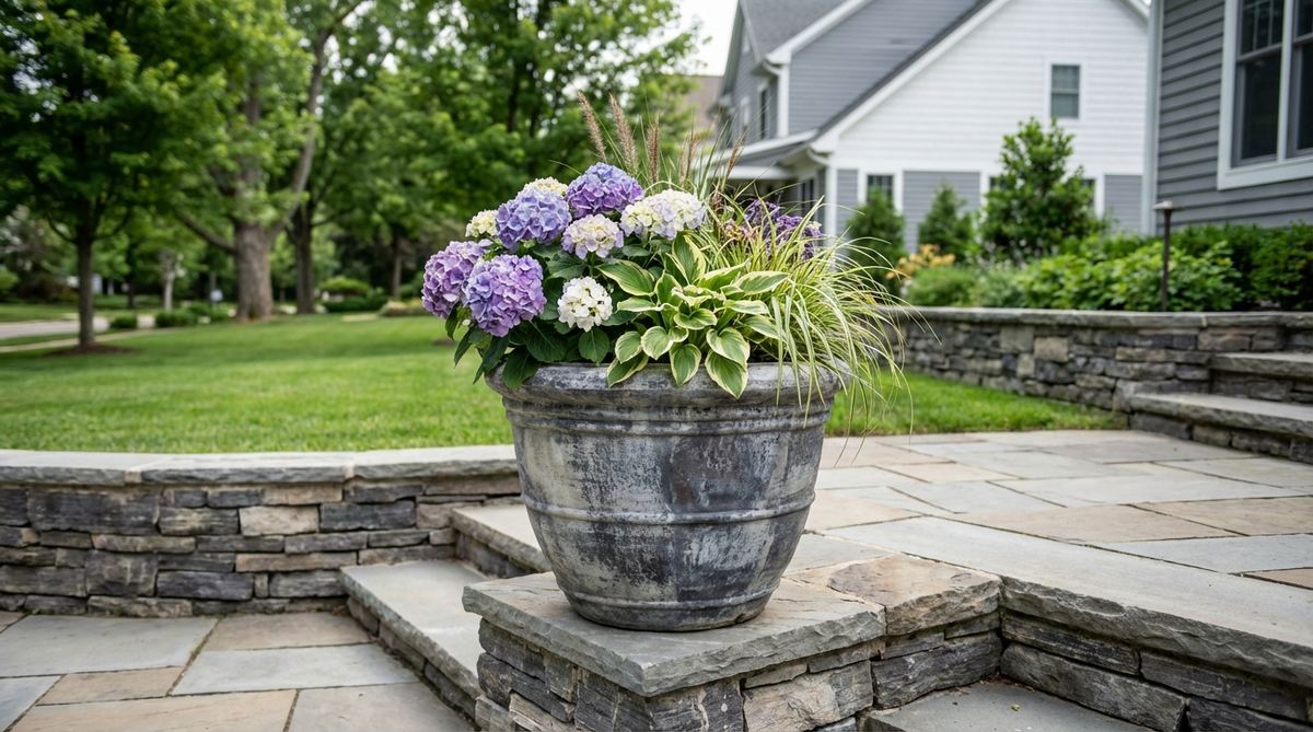 A weathered gray stone effect planter showcasing multiple tones from charcoal to pale slate, designed to blend seamlessly with stone hardscaping. This neutral palette allows vibrant plant colors to stand out, making it ideal for contemporary gray-and-white architectural schemes. The textured surface adds depth and visual interest to monochromatic outdoor decor settings.
