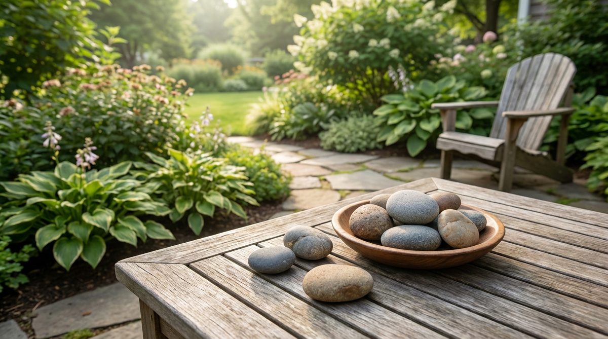 Smooth river stones weighing 4-6 ounces used for proprioceptive input during meditation. These weighted grounding stones provide cool temperature for sensory grounding and can be rolled across palms while controlling breathing rhythms to manage anxiety symptoms.