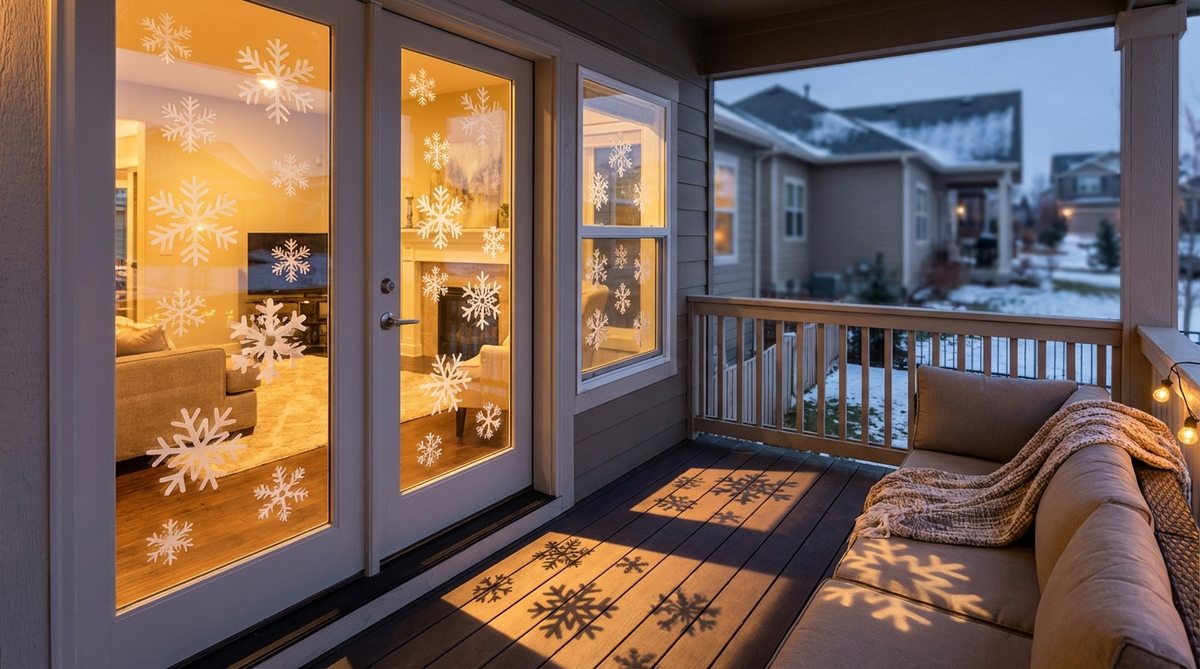Removable vinyl snowflake clings applied to balcony-facing windows for Christmas decoration. Shows snowflakes arranged in corner clusters and scattered patterns, with multiple sizes for dimensional interest. Demonstrates how backlighting creates silhouettes visible from the balcony after dark, ideal for rental properties and temporary holiday decor.