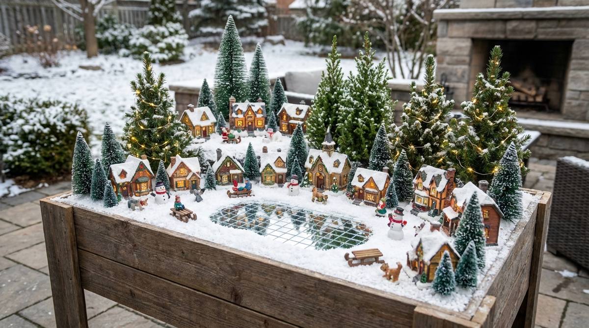 A magical winter fairy garden scene featuring a snow-covered village with white aquarium gravel or artificial snow, evergreen trees, and miniature cottages with glowing windows. Includes battery-operated lights suggesting warm hearths, miniature sleds, snowmen, and an ice skating pond with mirror tiles as frozen water surfaces. Dwarf Alberta spruce plantings add living elements to this low-maintenance winter display suitable for indoor migration during cold weather.