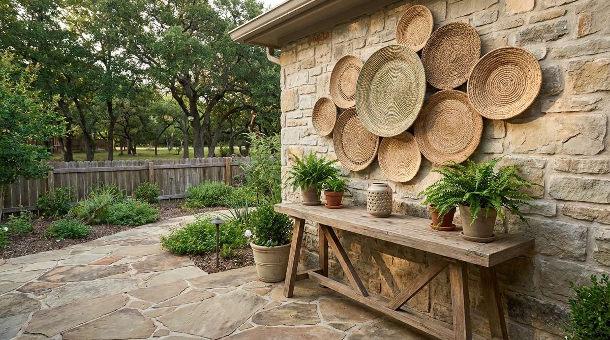 Flat woven wall baskets arranged in an asymmetric cluster above a console table, creating three-dimensional art with natural texture and organic geometry for earthy boho decor.