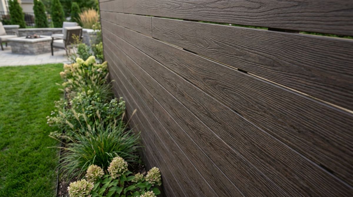 A close-up view of WPC horizontal composite panels in a modern garden fence, showcasing the natural wood grain texture and durable co-extruded surface that resists UV damage and moisture. The hidden fastening system ensures a clean, screw-free appearance, with proper gaps for material expansion. Ideal for family-friendly outdoor spaces, these panels offer low maintenance and long-lasting performance without painting or sealing.