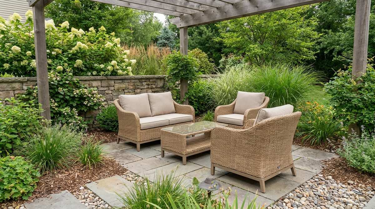 A compact four-piece all-weather wicker conversation set, featuring a loveseat, two chairs, and a coffee table, made from synthetic resin wicker woven over aluminum frames. This durable furniture is designed for small gardens, offering natural texture while resisting moisture, insects, and UV damage, with a tight weave for privacy and good drainage to prevent mildew.
