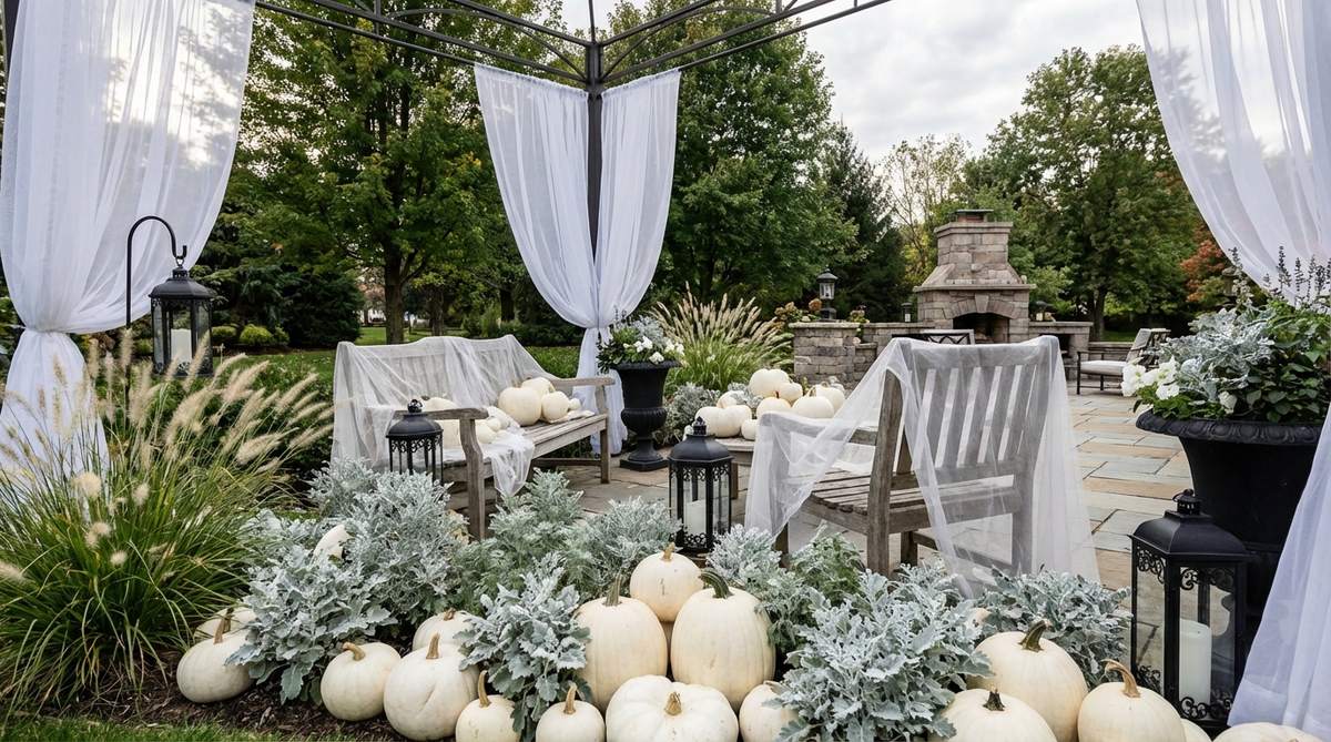 An all-white Halloween garden scheme featuring white pumpkins, silver foliage, and pale ornamental grasses, creating a dreamy, ghostly outdoor decor. Draped sheer fabric and black metal accents add contrast for a seasonal yet elegant look.