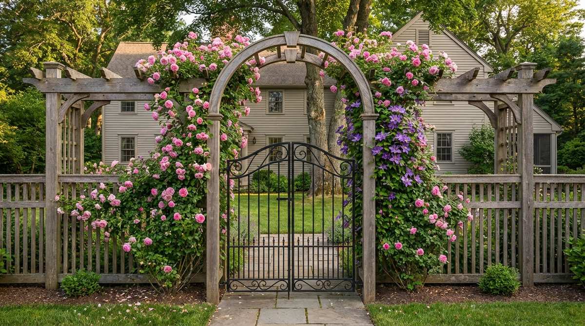 A decorative arched top entry gate in a small garden fence setting, featuring curved top rails that soften geometric boundaries and add architectural interest. The gate is framed with climbing roses or clematis trained over matching arbors, creating a welcoming entry point that invites passage. The arch rises proportionally above straight sections for a balanced appearance.