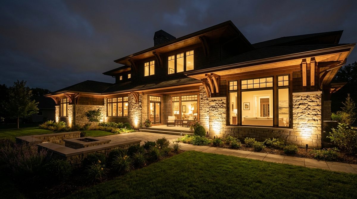 Powerful uplights illuminating a building facade with broad-beam lighting that showcases architectural details and material finishes. The technique visually extends indoor spaces into gardens, with fixtures mounted 8-12 feet from building faces using 35-degree beam spreads to prevent uneven wall brightness.