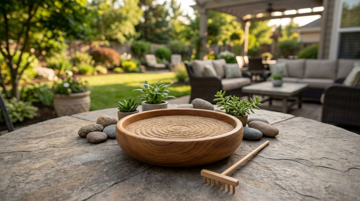 A 7-inch round mini zen garden with aromatherapy-infused sand releasing soothing scents of lavender, eucalyptus, or sandalwood during raking, combining olfactory and tactile meditation for enhanced relaxation.