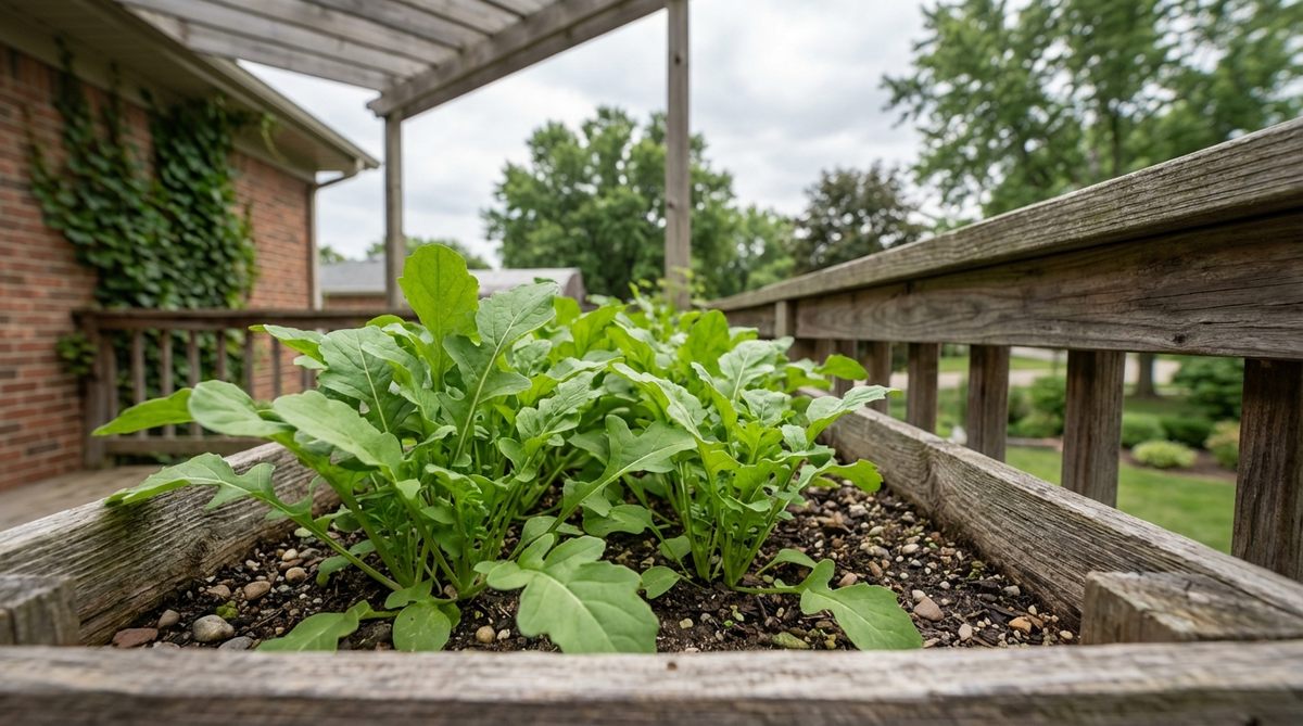 A close-up of arugula plants growing in a shallow container on a balcony, showing their peppery green leaves. The image illustrates ideal growing conditions with partial shade, highlighting how this fast-growing salad green can be harvested in 30-40 days for continuous supply in home gardens.