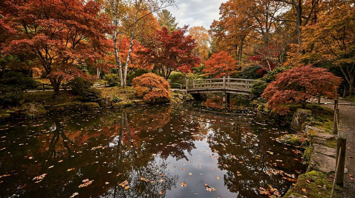 A serene Japanese garden pond reflecting vibrant autumn foliage from Japanese maples and other deciduous trees, with red, orange, and gold leaves mirrored in dark water, creating a picturesque seasonal aesthetic. Some fallen leaves float on the surface, enhancing the autumn atmosphere and providing photographic opportunities.