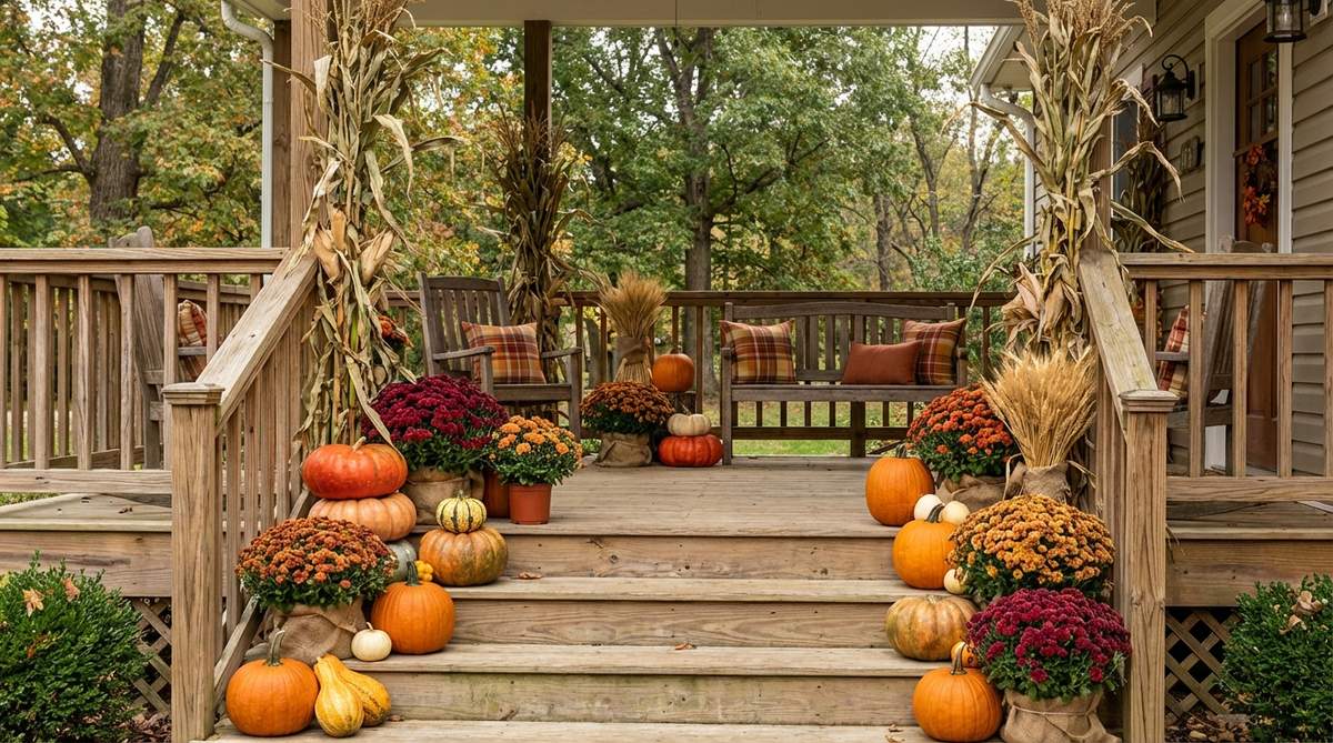 A vibrant autumn porch scene featuring pumpkins, gourds, and mums in warm oranges, burgundies, and bronzes, arranged in graduated stacks and along step risers. Enhanced with cornstalks, wheat sheaves, and plaid pillow covers for a cozy fall transition.