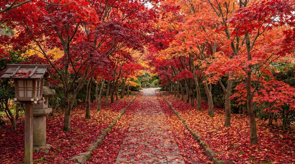 A stunning autumn scene in a Japanese garden featuring a corridor lined with Japanese maple trees. The path is covered with a carpet of crimson and gold fallen leaves, creating a tunnel of vibrant foliage. The canopy above displays intense color saturation with varieties like 'Bloodgood' maples showing deep red leaves and 'Osakazuki' maples displaying scarlet-orange hues. This seasonal display occurs in October and November, with trees spaced in staggered rows to create the corridor effect.