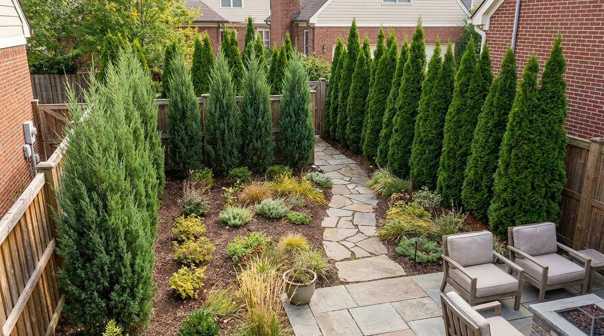 A small garden featuring narrow evergreen shrubs like columnar junipers and arborvitae installed along boundaries, providing year-round foliage as a consistent backdrop structure. The vertical forms draw eyes upward and soften hard fence lines, with cultivars chosen to mature within available width constraints.