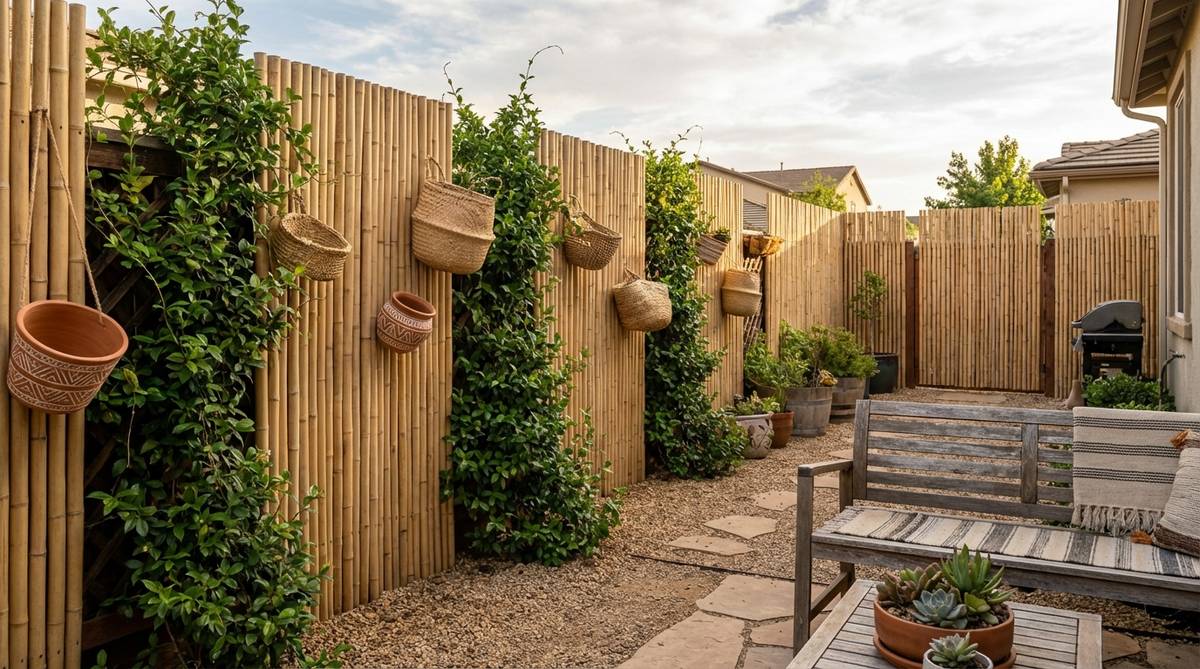 Natural tan bamboo privacy screens and fencing creating visual rhythm and tropical warmth in afro boho decor. Vertical bamboo lines provide privacy while maintaining an organic material palette, with climbing vines and hanging woven baskets adding layered texture.