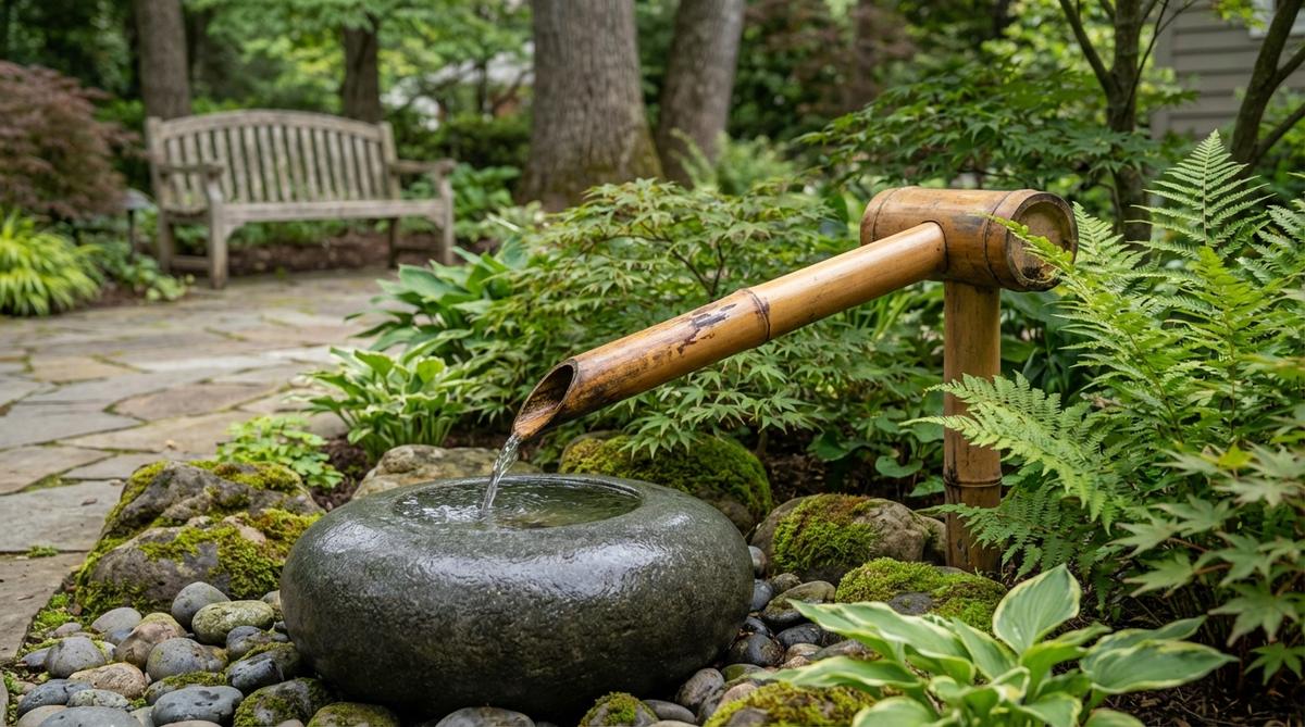 A traditional Japanese shishi-odoshi (deer-scarer) water feature made from bamboo. The sculpture shows a bamboo pipe counterweight mechanism that fills with water until it tips, creating a rhythmic clacking sound against a stone. This zen garden element serves as a contemplative focal point, with natural bamboo developing golden patina over time while maintaining structural integrity.
