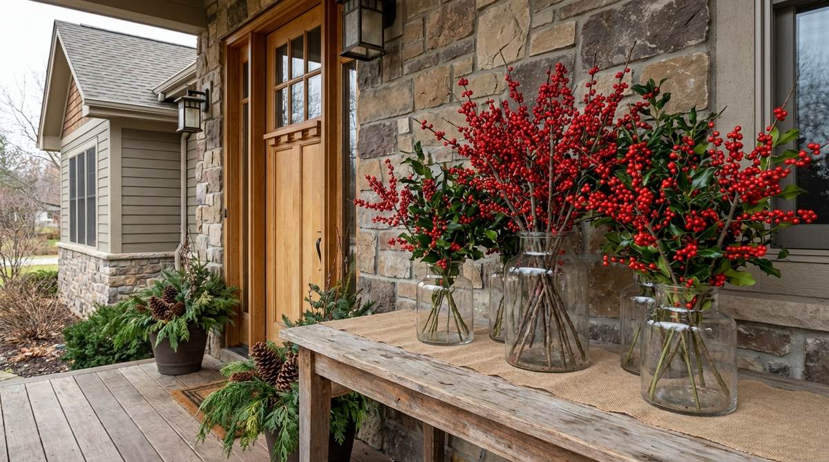 A vibrant outdoor Christmas decor arrangement featuring clusters of winterberry, holly, or other red-berried branches in vases, providing natural color accents that contrast beautifully with architectural elements. Perfect for porch tables, doorways, or window boxes.