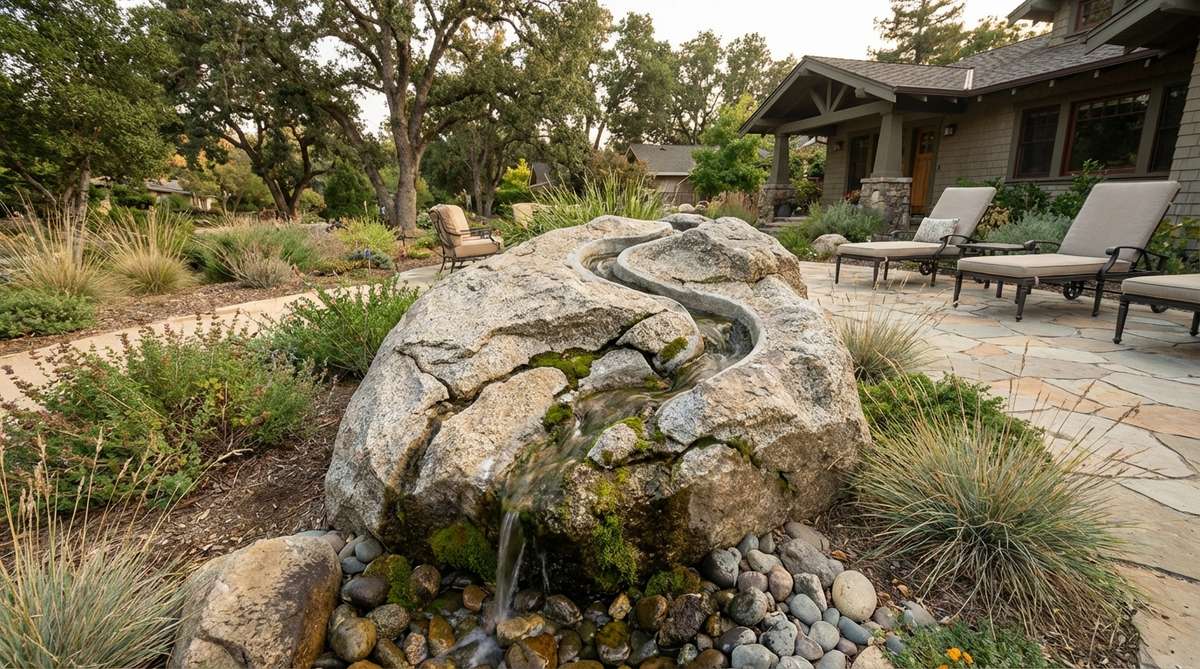 A sculptural stone garden feature showing a boulder with a carved channel on its top surface, designed to guide water flow through natural cracks and fissures, creating an organic and unified integration of water and stone.