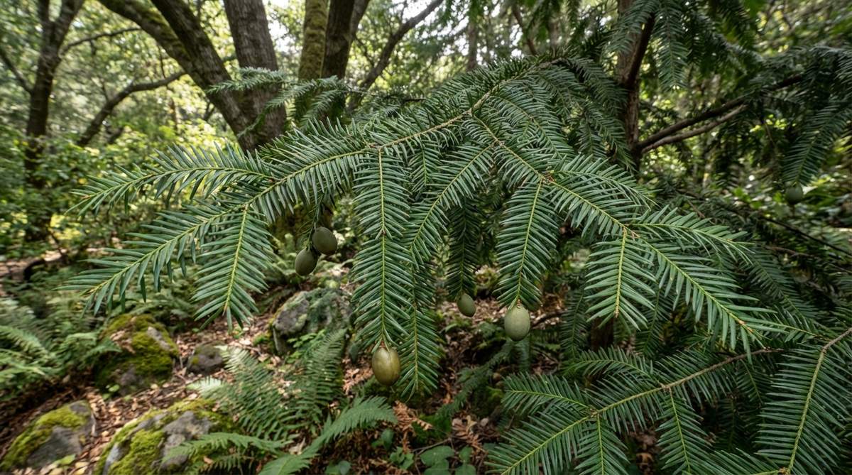 A close-up photograph of California Torreya (Torreya californica) showing its distinctive dark green, needle-like leaves with sharp points arranged in flat sprays. The evergreen foliage creates a unique texture that contrasts with typical Japanese garden trees like pines and cypress. This rare conifer has a pyramidal form and produces large olive-like seeds visible hanging beneath branches. The image captures the plant in a cool, moist woodland garden setting with partial shade, highlighting its botanical interest for zones 7-9.