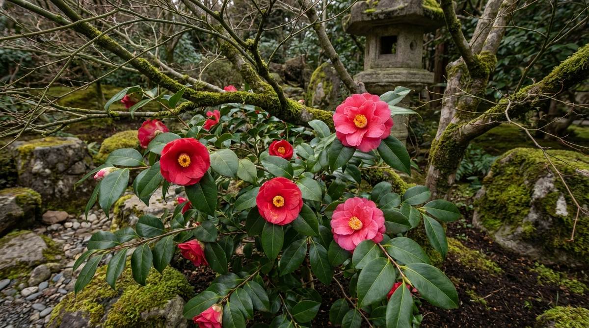A close-up of camellia flowers blooming in late winter, showcasing glossy evergreen foliage against bare maple branches in a Japanese garden setting. The image highlights the plant's elegant blooms and refined aesthetic, positioned in partial shade with acidic, well-draining soil, emphasizing its role in extending garden interest during cold months.