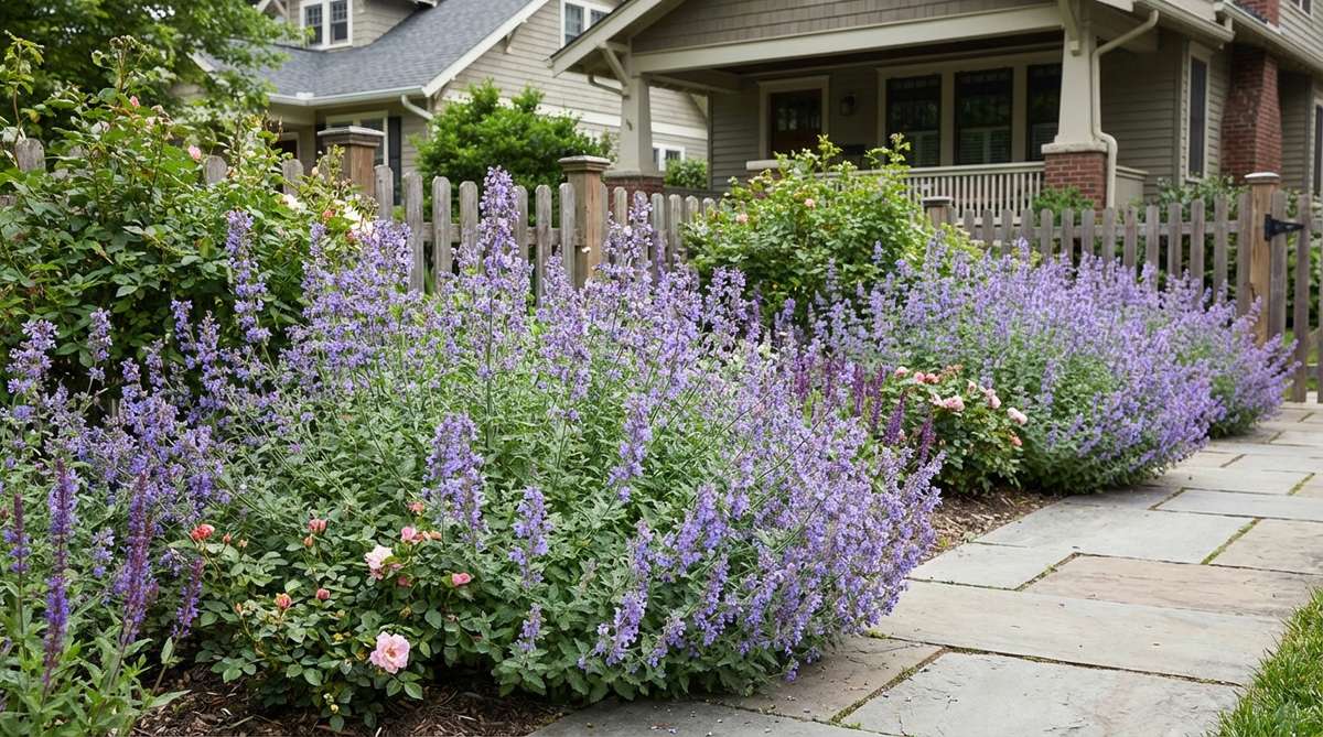 A lush garden border featuring billowing mounds of catmint (Nepeta) with lavender-blue flower spikes, illustrating rhythmic repetition in cottage garden design. The gray-green foliage complements both hot and cool color schemes, with plants sheared back to encourage extended flowering.