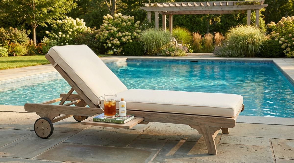 A comfortable chaise lounge with an integrated side table, perfect for garden relaxation. Features include wheels for easy repositioning, adjustable recline, and padded cushions for poolside comfort. The attached table conveniently holds drinks, books, and sunscreen.