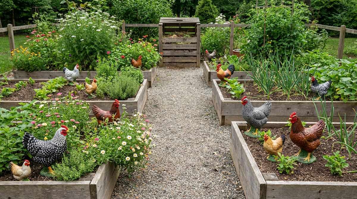 A set of multiple decorative chicken figurines in various pecking and walking poses, designed to create barnyard scenes in garden beds. Featuring diverse paint patterns that represent heritage breeds, perfect for scattering through vegetable gardens or along pathways to compost areas.