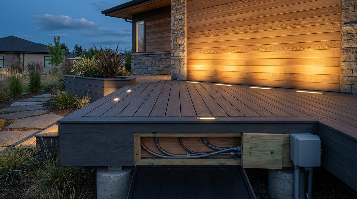 A modern garden lighting setup showing low-profile recessed lights installed between composite deck joists. The image demonstrates how these fixtures provide uplighting to illuminate building walls from elevated decks without visible disruption to the deck surface. The installation shows proper sealing against moisture and wiring through joist bays to central control locations beneath the deck structure.
