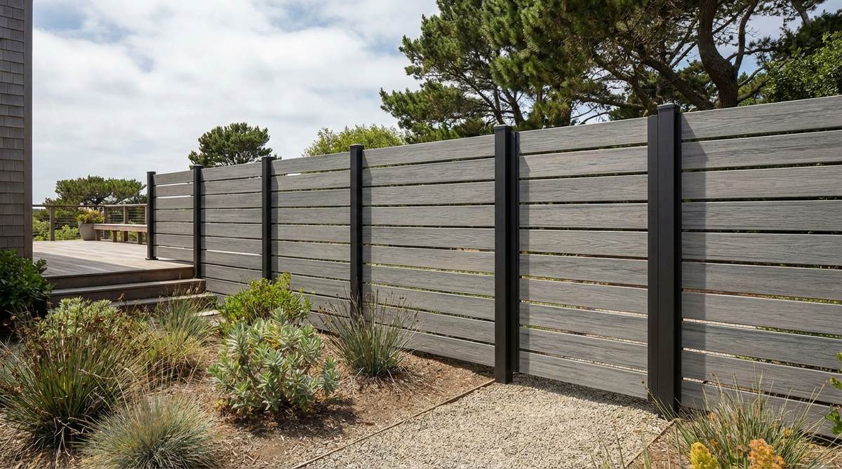A modern garden fence featuring composite slats and powder-coated aluminum posts, designed for coastal environments with no maintenance required.