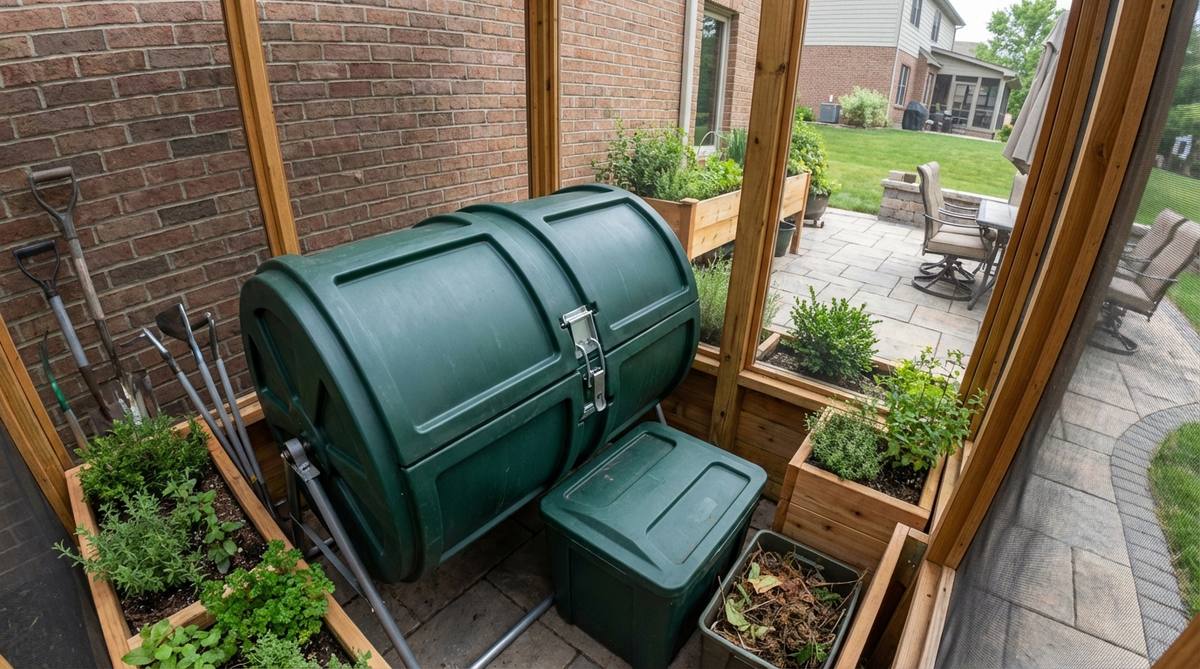 An enclosed tumbler composter positioned in a screened service area of a terrace garden, converting kitchen scraps and plant waste into nutrient-rich soil amendments. The rodent-proof design with secure latching mechanism demonstrates on-site composting that closes nutrient loops within the terrace ecosystem.