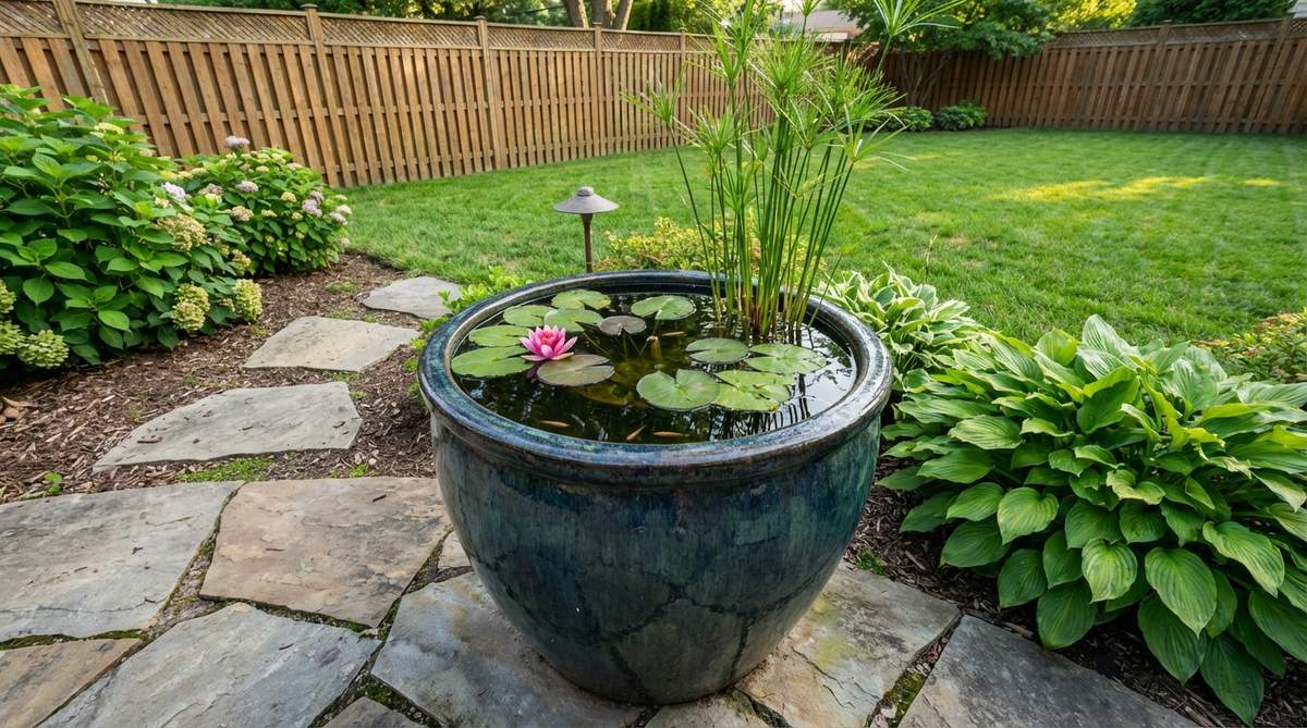 A large glazed pot transformed into a miniature water garden with aquatic plants like water lilies and papyrus, featuring small fish for natural insect control. The portable container garden is positioned in a small backyard setting.