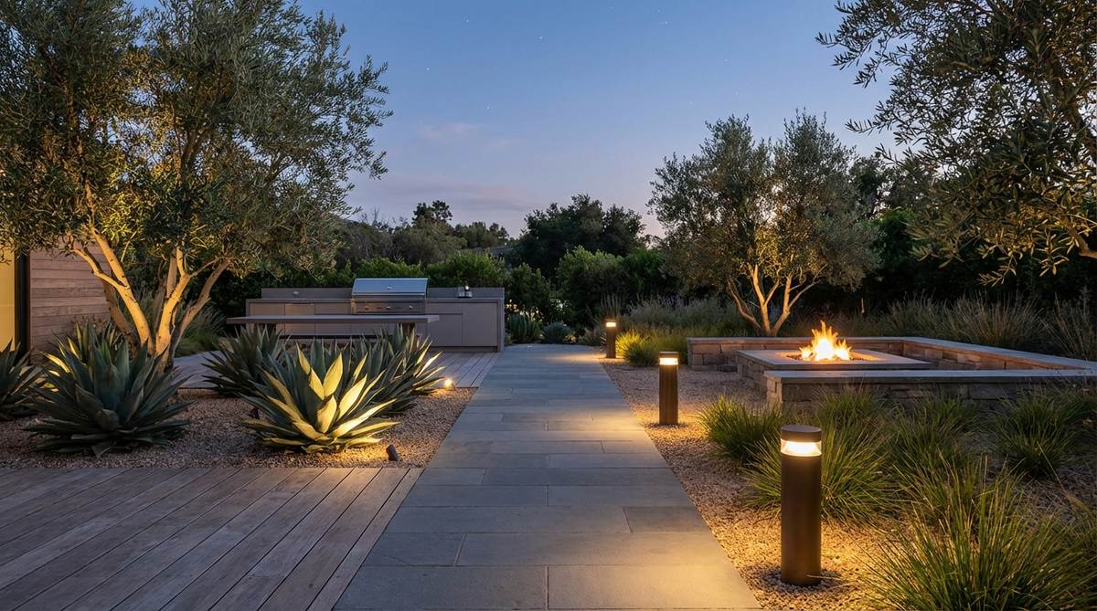 Modern LED garden lighting featuring bronze or stainless steel path lights, uplights, and bollards illuminating architectural plants and hardscape features in a contemporary garden setting with warm white ambiance.