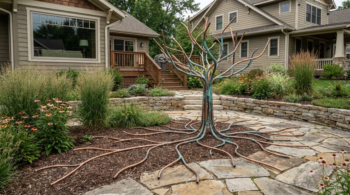 A stylized copper tree sculpture with branching copper tubing that develops a natural blue-green verdigris patina over time. This abstract garden art piece ranges from minimalist to intricate designs, standing 4-10 feet tall with a root system that spreads across the ground for stability. Perfect for installation in garden locations visible from indoor living spaces for year-round appreciation, these sculptures require no maintenance as they naturally age.