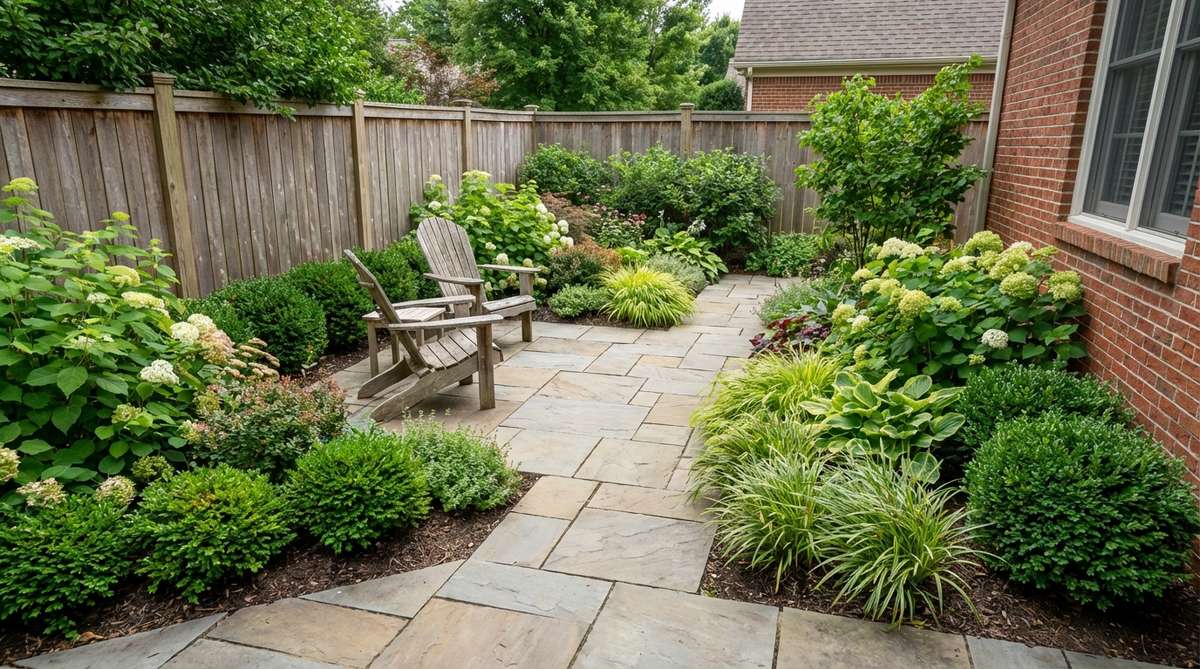 A diagram showing a small garden patio oriented at 45 degrees to property boundaries, creating triangular planting beds that maximize corner space, improve traffic flow, and add privacy with border plantings.