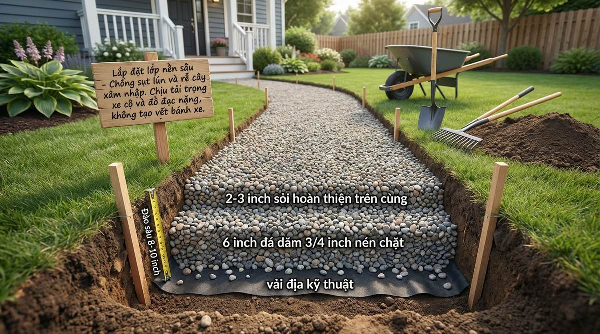 Illustration showing cross-section of deep base installation for gravel garden path with 8-10 inch excavation, 6 inches of compacted ¾-inch stone base over landscape fabric, and 2-3 inches of finish gravel on top. Demonstrates how this robust construction resists settling and root intrusion while supporting utility vehicle traffic and heavy furniture without rutting.