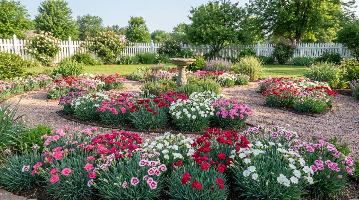A close-up image of Dianthus, also known as compact pinks, showcasing their fringed flowers in vibrant pink, red, white, and bicolor varieties. The flowers emit a spicy clove fragrance and are set against blue-green evergreen foliage. This perennial plant, growing 6-10 inches tall, thrives in full sun with excellent drainage, blooming heavily in spring and reblooming in fall, suitable for zones 3-9.