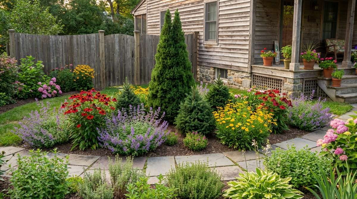 A vertical evergreen presence in a small garden cottage, featuring compact conifers like dwarf Alberta spruce or 'Little Gem' Norway spruce. These narrow forms fit into tight spaces while adding height, positioned as back-of-border anchors with dark green foliage that provides a neutral backdrop to make neighboring flower colors appear more vibrant through contrast.