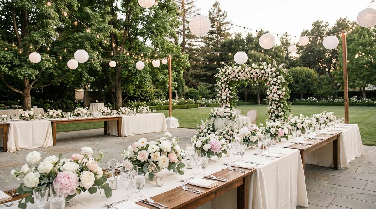An elegant garden wedding reception setup featuring floor-length ivory linens, crystal glassware, and lush floral centerpieces with roses and peonies. String cafe lights and white paper lanterns provide romantic illumination, while a sweetheart table with elevated floral backdrop installations creates a cohesive luxury presentation with consistent color palettes.
