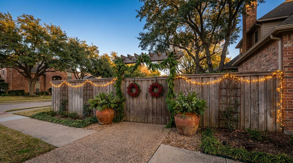A decorative garden gate entrance featuring evergreen swags, wreaths, planters, and string lights along fence sections, creating an inviting threshold for visitors approaching from sidewalks or pathways.