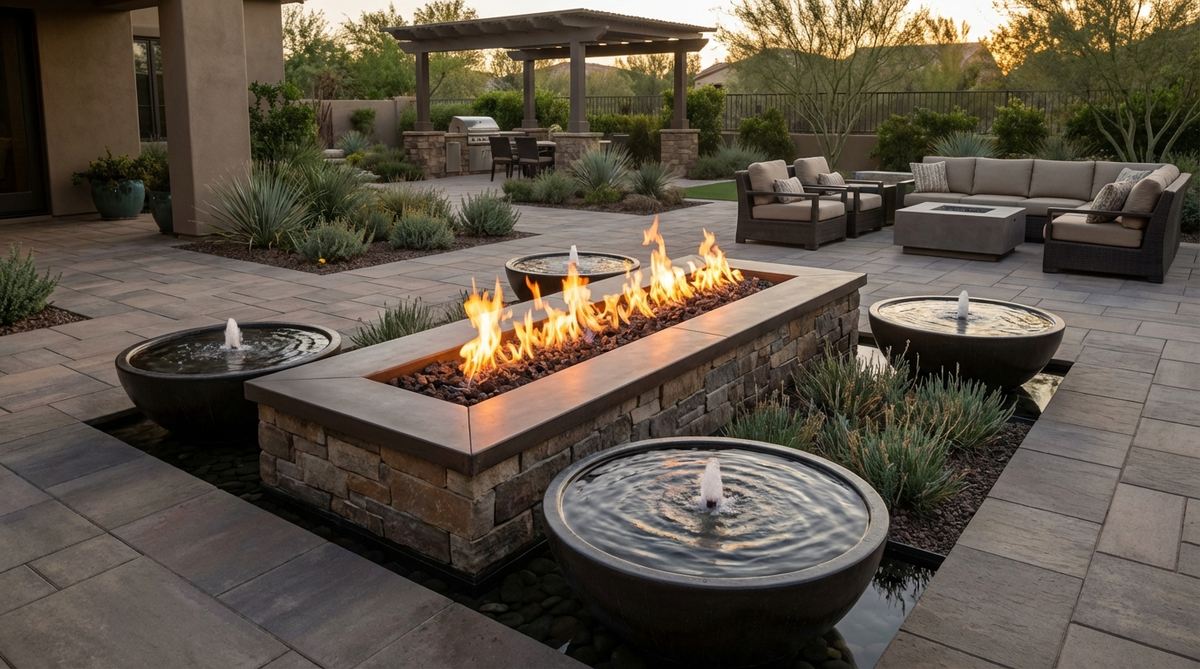 A luxury outdoor decoration featuring a custom fire and water combination with flames reflecting in surrounding water bowls, creating contrasting elements with enhanced visual impact, movement, and warmth.
