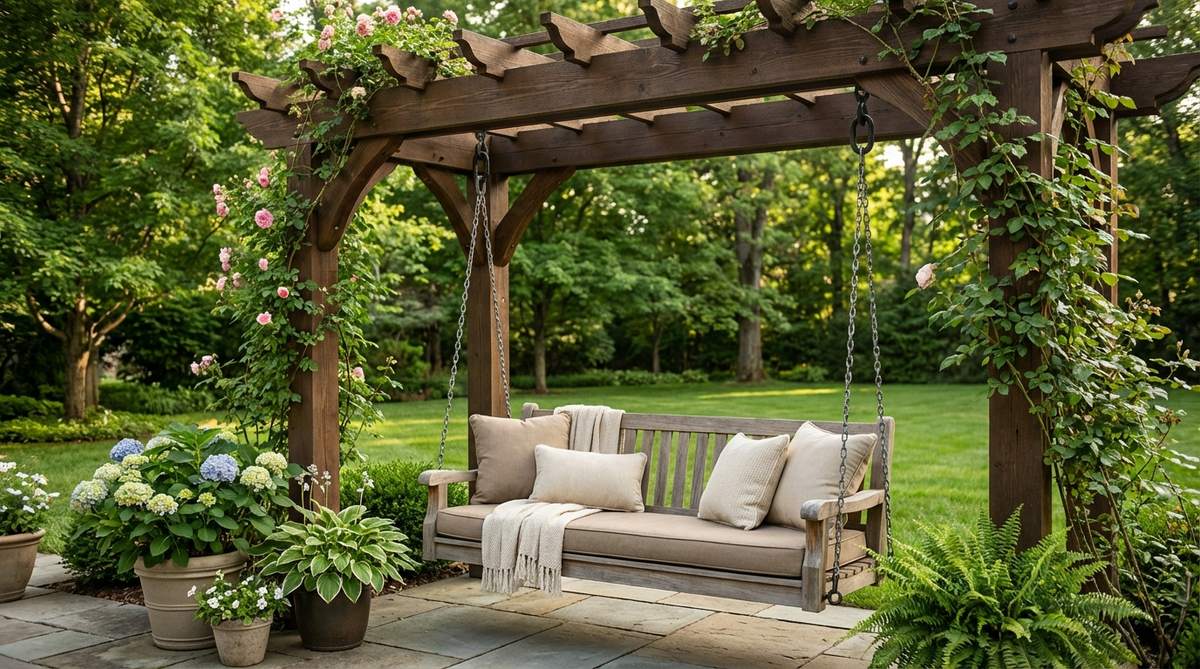 A compact fire pit placed in a garden corner with curved bench seating wrapping around it, creating a natural gathering focus and extending the usable season. The seating is positioned 36-48 inches from the fire ring for comfort and safety, ideal for corners measuring at least 10x10 feet.