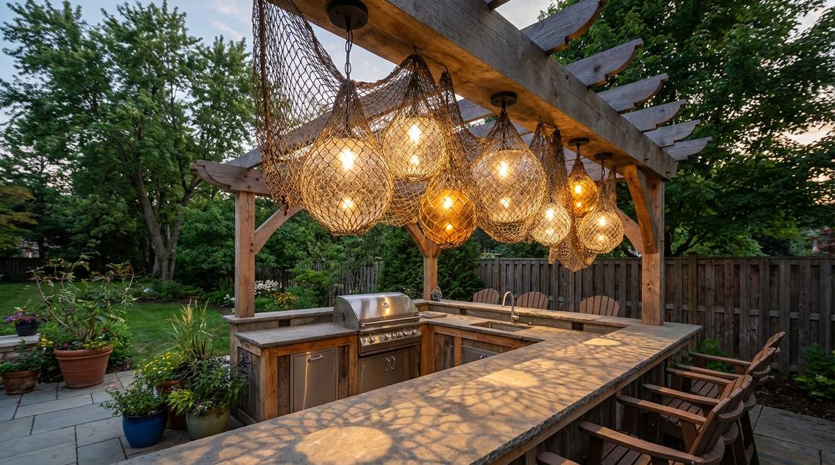 Vintage-style fishing net encloses glass globe pendants, creating texture and maritime authenticity with intricate shadow patterns when illuminated. Ideal for suspending over bars, outdoor kitchens, or primary seating zones, offering warm light quality from amber or clear glass globes while diffusing glare.