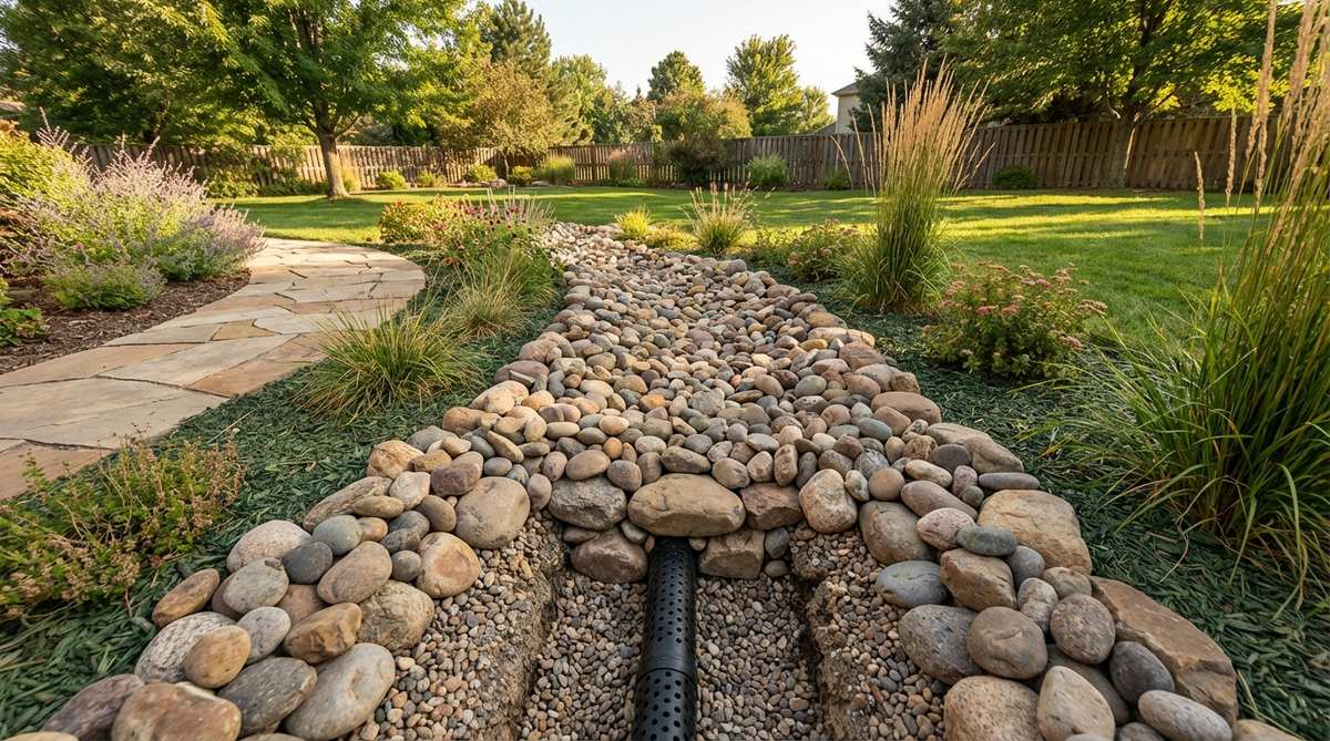 A decorative rock cover for a French drain, using river rocks and stones to conceal a functional drainage system while enhancing garden design. The setup includes a perforated pipe in a gravel-filled trench, topped with attractive 3-6 inch cobbles that allow water infiltration and maintain landscape aesthetics.