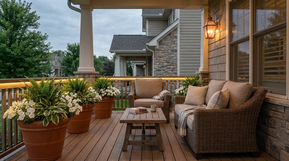 A relaxing garden setup on a front porch featuring two comfortable chairs with cushions, a low table, and matching symmetrical pots planted with simple, repeating combinations. Warm lighting at eye level creates a welcoming atmosphere without glare, encouraging mindful pauses during arrival and departure. This visible relaxed zone enhances neighborhood connections and daily use.