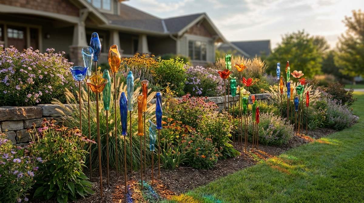 Kiln-formed art glass stakes in abstract shapes and stylized flowers, mounted on metal rods. Transparent and translucent colors that glow when backlit by sunlight. Perfect for clustering in groups of 3-5 throughout perennial borders to extend color interest after bloom periods. Available in heights from 12 to 48 inches to layer visual depth in garden decor.